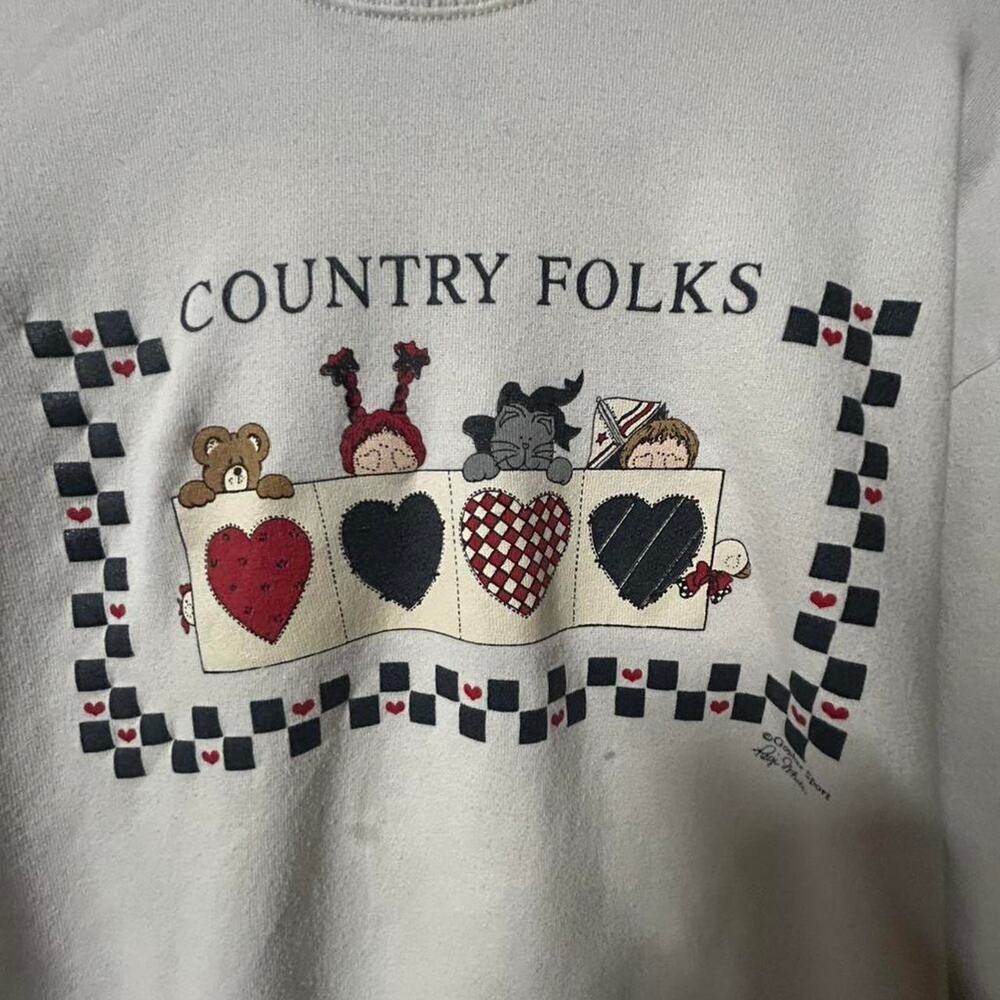 Medium cottagecore country folks sweatshirt plaid heart turtleneck collar - Picture 2 of 5